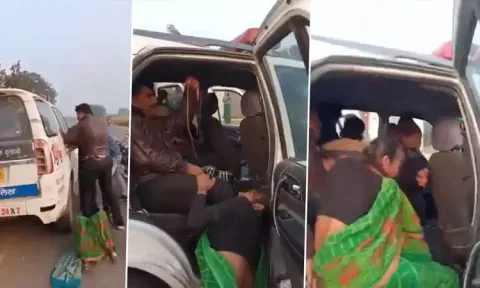 போலீசார் காலை பிடித்து கொண்டு ஜீப்பில் தொத்திக்கொண்ட பெண்கள்