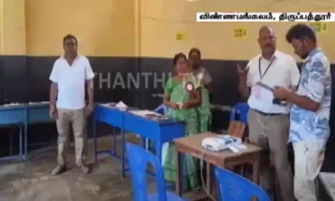 திருப்பத்தூர்: விண்ணமங்கலம் வாக்குச்சாவடியில் வி.வி.பாட் கோளாறு - வாக்குப்பதிவு நிறுத்தம்