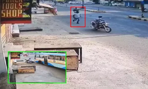பைக் மீது மோதிய பஸ்... அடுத்து நடந்த டுவிஸ்ட்; வீடியோ வைரல்