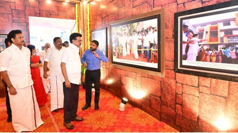 Chief Minister MK Stalin at the photo exhibition on schemes implemented for his home constituency of Kolathur