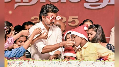 TVK president Vijay celebrating Christmas with kids at an event in Mahabalipuram on Monday