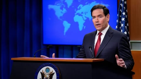 Secretary of State Marco Rubio speaks during a news conference at the State Department 