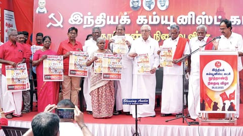 CPI leaders at the party’s centenary celebrations at T Nagar on Friday