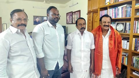 AIADMK ex-MLA Palpakki C Krishnan joining TVK in the presence of KA Sengottaiyan on Sunday