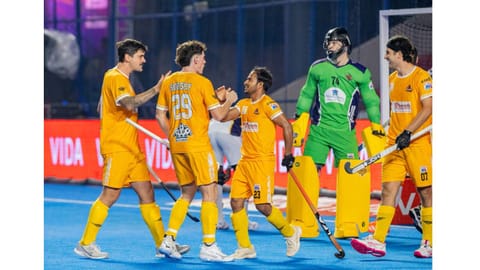 Uttam Singh celebrates with Thomas Sorsby after a goal 