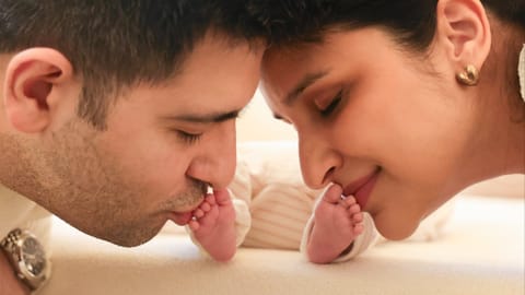 Raghav Chadha and Parineeti Chopra with their newborn. 