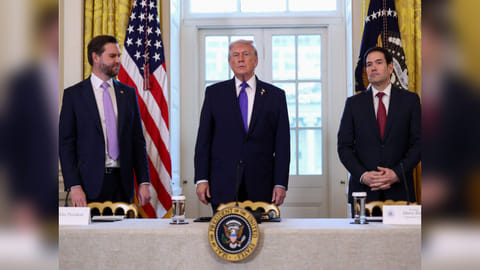 US President Donald Trump , Vice President JD Vance  and Secretary of State Marco Rubio attend a meeting with oil industry executives at the White House