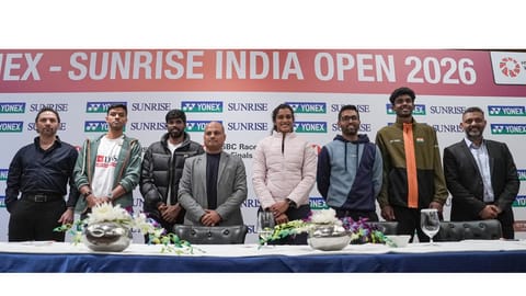 Chirag-Satwik, PV Sindhu, HS Prannoy, Ayush Shetty and other officials on stage during the launch event 