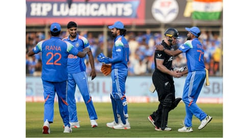 New Zealand's Glenn Phillips being greeted by India's Mohammed Siraj as he walks off the field after his dismissal during the third ODI cricket match between India and New Zealand, at Holkar Cricket Stadium, in Indore, Madhya Pradesh, Sunday, Jan. 18, 2026. 