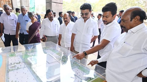 Chief Minister MK Stalin having a look at the 3D model of the upcoming convention centre on Monday