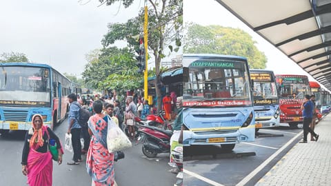 Newly constructed Royapuram bus terminal (l); crowds wait for bus on North Fort Road
