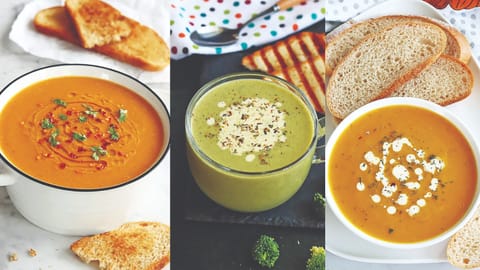 (L-R) Red lentil-carrot soup, Broccoli soup, Creamy pumpkin soup