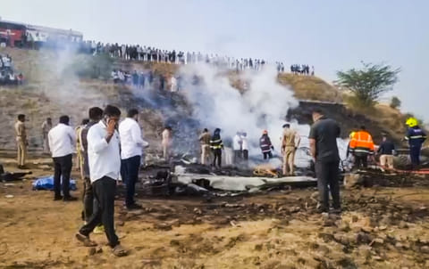 Rescue work underway after an aircraft carrying Maharashtra Deputy Chief Minister Ajit Pawar crashed during landing, at Baramati in Pune district, Maharashtra, Wednesday, Jan. 28, 2026. Pawar, along with three others on board, was killed in the crash.
