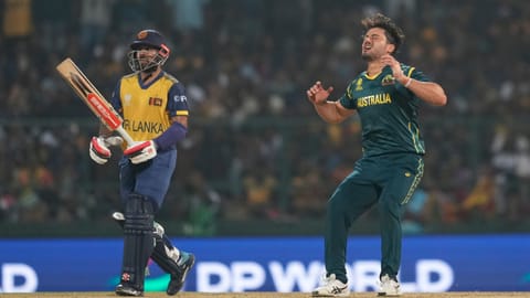 Australia's Marcus Stoinis reacts after delivering a ball during the T20 World Cup cricket match between Sri Lanka and Australia in Pallekele, Sri Lanka, Monday, Feb. 16, 2026 