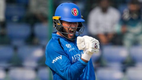 Afghanistan's Azmatullah Omarzai celebrates the win during the ICC Men's T20 World Cup 2026 cricket match between Afghanistan and UAE, at Arun Jaitley Stadium, in New Delhi, Monday, Feb. 16, 2026 
