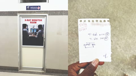 The vinyl sticker on the door is deceptive, as the x-ray room at Kannagi Nagar UCHC remains locked (L); prescription written on scrap paper