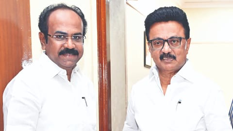 Finance Minister Thangam Thennarasu presents the Interim Budget document to Chief Minister Stalin on Tuesday
