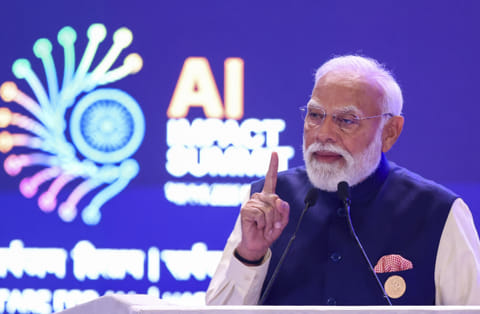 In this image received on Feb. 19, 2026, Prime Minister Narendra Modi addresses the gathering during the India AI Impact Summit 2026, in New Delhi. 