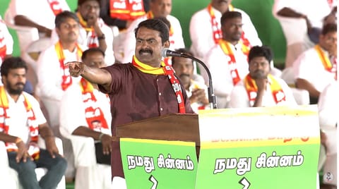 NTK chief coordinator Seeman with the party's nominees for the forthcoming Assembly elections at the conference in Tiruchy on Saturday