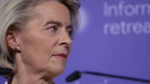 European Commission President Ursula von der Leyen addresses the media at the end of an EU summit at Alden Biesen Castle in Bilzen-Hoeselt, Belgium.