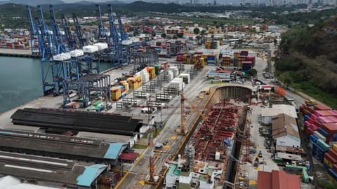An aerial view of the Balboa terminal, run by CK Hutchison’s Panama Ports Co., after Panama’s government ordered the occupation of the port following a Supreme Court ruling that the concession was unconstitutional, in Panama City, Monday, Feb. 23, 2026.