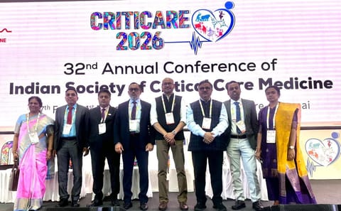 From L to R: Dr Kalavathy Swarna, Dr Ranvir Singh Tyagi, Dr Srinivas Samavedam, Dr Sachin Gupta, Dr Ganshyam Jagathkar, Dr Pradip Kumar Bhattacharya, Dr Susovan Mitra, and Dr Sathya AC at Criticare 2026 