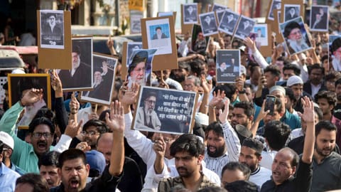 People raise slogans during a protest following the alleged killing of Iran's Supreme Leader Ayatollah Ali Khamenei in a US-Israel strike, in Patna, Sunday, Mar. 1, 2026 