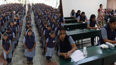 Students appearing for the Class XII Board Examinations at the Government Girls Higher Secondary School, Ashok Nagar
