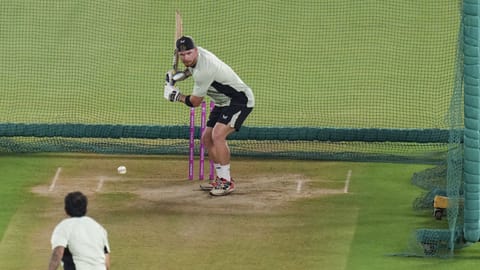 New Zealand's Glenn Phillips, back, plays a shot during a practice session ahead of the ICC Men's T20 World Cup 2026 final cricket match between India and New Zealand, at the Narendra Modi Stadium, in Ahmedabad.