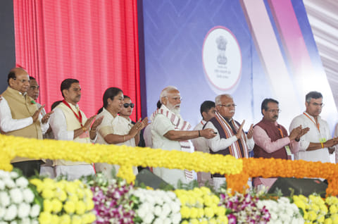 Prime Minister Narendra Modi with Union Minister of Housing and Urban Affairs Manohar Lal and Delhi CM Rekha Gupta during the inauguration and foundation stone laying ceremony of multiple development works, New Delhi