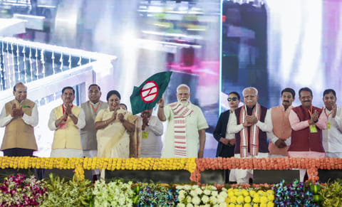 Prime Minister Narendra Modi with Union Minister of Housing and Urban Affairs Manohar Lal and Delhi CM Rekha Gupta during the inauguration and foundation stone laying ceremony of multiple development projects, New Delhi.
