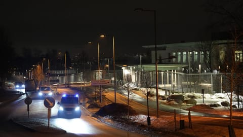 Norwegian police attend outside the U.S. Embassy in Oslo, Norway in the early hours of Sunday, March 8, 2026