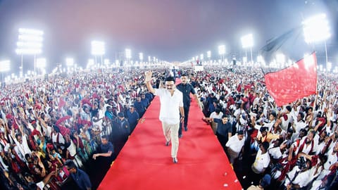 Chief Minister and DMK president MK Stalin walking the ramp to the stage to address party conference in Tiruchy 