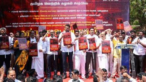 TVK general secretary N Anand leading the party's protest in Chennai on Thursday