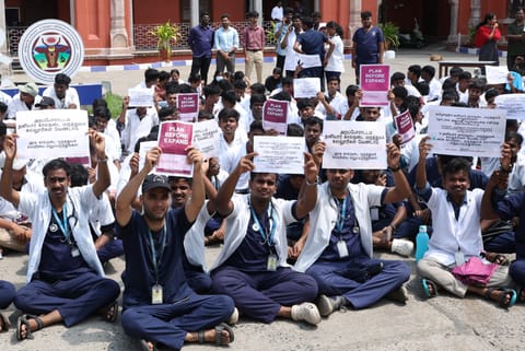 Government veterinary students protesting inside the college campus in Vepery on Friday