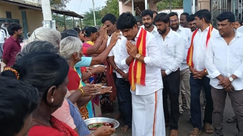TVK district secretary VP Mathiyazhagan at the campaign ceremony in Karur on Friday
