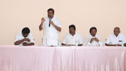  Municipal Administration Minister KN Nehru addressing DMK cadre at a preparatory meeting for anti-Centre LPG protest in Tiruchy on Saturday