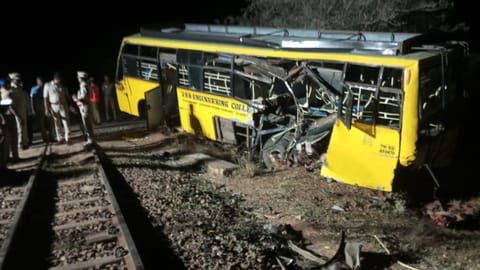 The goods wagan rams into a private engineering college bus at Velliyanai near Karur on Saturday 