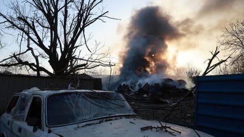 A private house burns following Russian aerial guided bomb strike in Zaporizhzhia, Ukraine