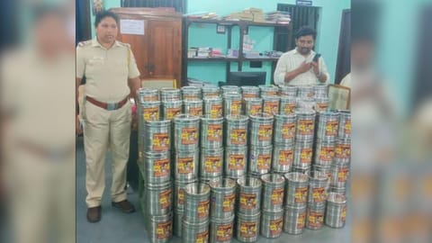 Stainless steel utensils with Vijay stickers seized in Namakkal. 