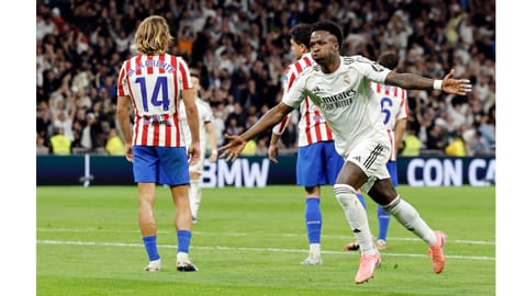 Real Madrid’s forward Vinicius Junior celebrates scoring his team’s third goal 