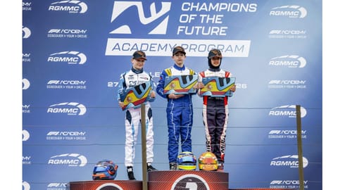 Valencia: Indian racer Atiqa Mir, right, poses on the podium after finishing third in the final of Round 1 of the Champions of the Future Academy karting series at the Lucas Guerrero Circuit, in Valencia, Spain