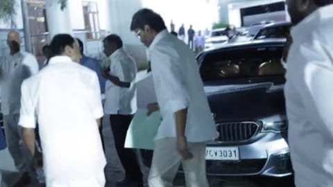 TVK chief Vijay, party leader KA Sengottaiyan at the DGP office to register the complaint in Chennai on Thursday 