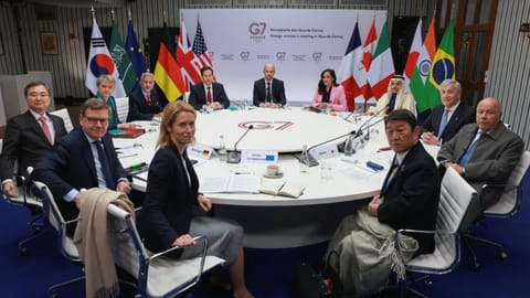 From bottom centre to left: EU High Representative and Vice-President for Foreign Affairs and Security Policy Kaja Kallas, Germany's Foreign Minister Johann Wadephul, South Korea's Foreign Minister Cho Hyun, Britain's Foreign Secretary Yvette Cooper, India's Foreign Minister Subrahmanyam Jaishankar, U.S. Secretary of State Marco Rubio, France's Foreign Affairs Minister Jean-Noel Barrot, Canada's Foreign Minister Anita Anand, Saudi Arabia's Foreign Minister Faisal bin Farhan, Italy's Foreign Minister Antonio Tajani, Brazil's Foreign Minister Mauro Vieira and Japan's Foreign Minister Toshimitsu Motegi attend talks during a G7 Foreign Ministers' meeting with Partner Countries in Cernay-la-Ville outside Paris