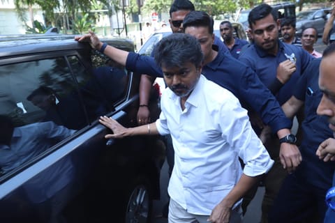 TVK chief actor Vijay arrives at the Secretariat on Saturday 