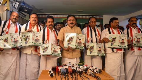 AMMK general secretary TTV Dhinakaran releasing the party's election manifesto in Chennai on Saturday