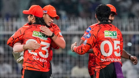 Sunrisers Hyderabad's captain Ishan Kishan, left, with teammates celebrates after winning the Indian Premier League (IPL) 2026 cricket match between Kolkata Knight Riders and Sunrisers Hyderabad, at Eden Gardens in Kolkata, West Bengal, Thursday, April 2, 2026 