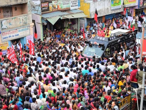 DMK leader Kanimozhi seeking votes for party candidate in Srirangam on Saturday