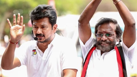 Tamil Nadu Deputy Chief Minister Udhayanidhi Stalin, left, during an election campaign for the upcoming Assembly elections in support of alliance party candidate and Mukkulathor Pulipadai chief Karunas Thevar, in  Tamil Nadu, Saturday, April 4, 2026
