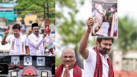 Tamil Nadu Deputy Chief Minister Udhayanidhi Stalin during an election campaign in support of party candidates for the upcoming state Assembly polls, in Thanjavur, Tamil Nadu, Sunday, April 6, 2026. 